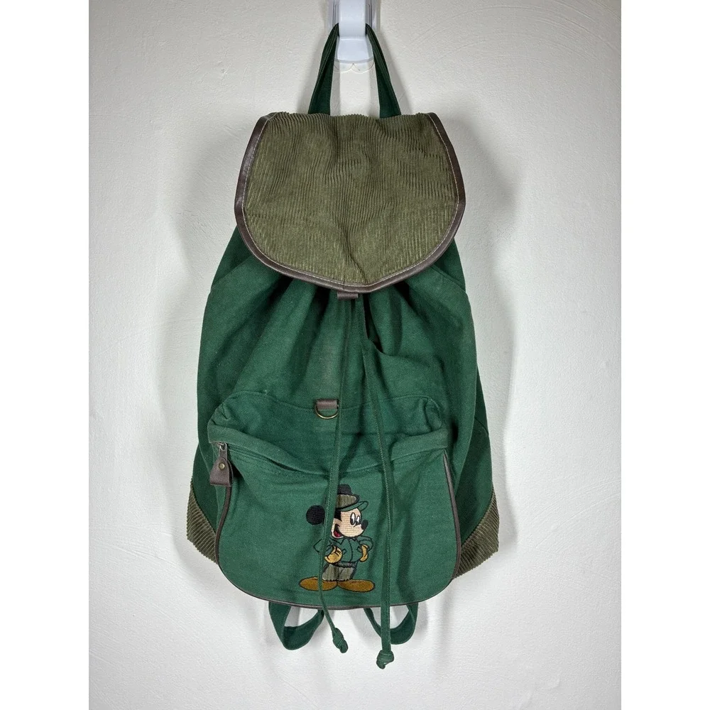 Vintage Mickey Disney Green Canvas Corduroy Backpack Embroidered 90s Y2K READ